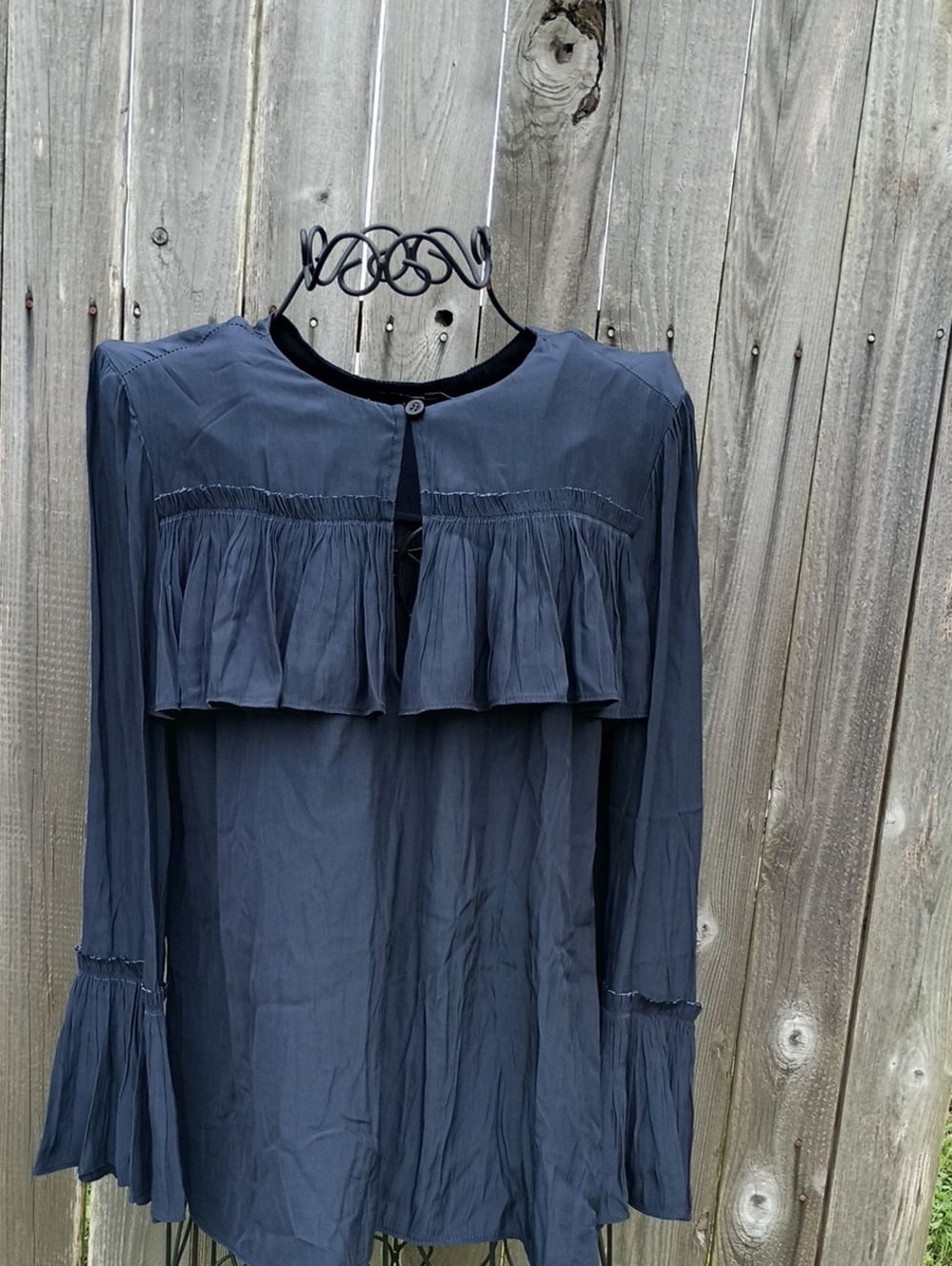 Women's Navy Ruffle Long-Sleeve Blouse